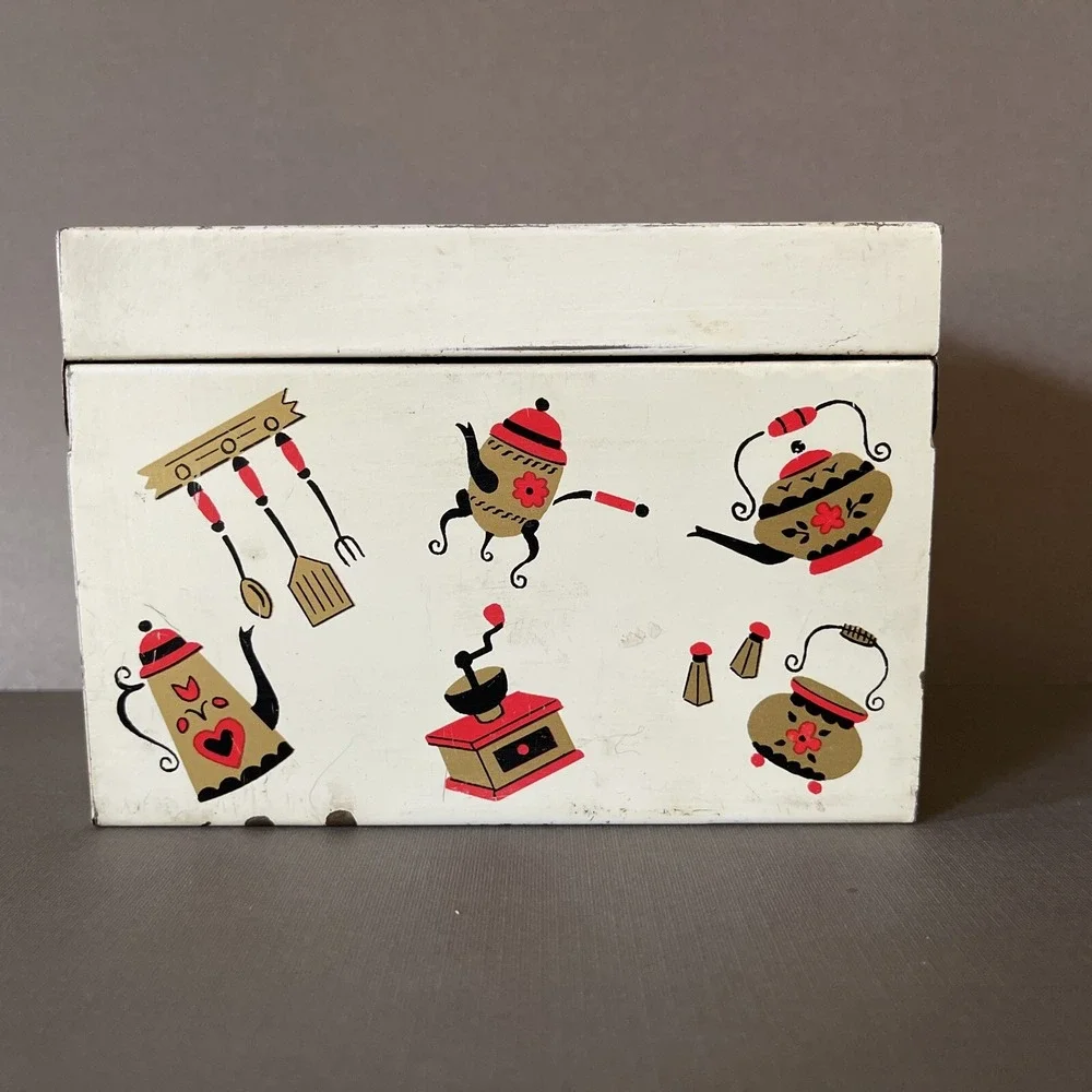 Vintage Metal Tin Recipe Box Midcentury Farmhouse Retro Kitchen Decor Gold‎